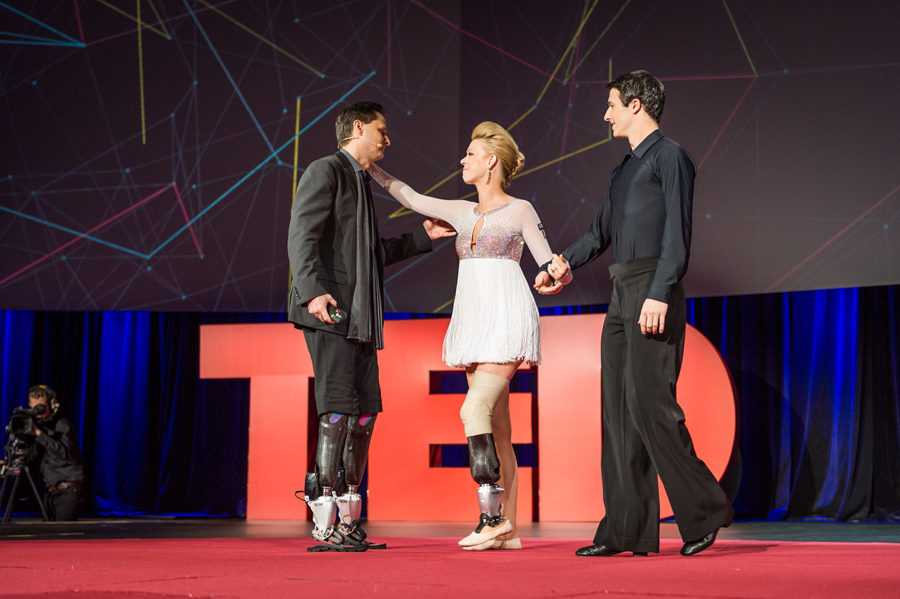 Adrianne Haslet-Davis thanks Hugh Herr on the TED stage. Photo: James Duncan Davidson